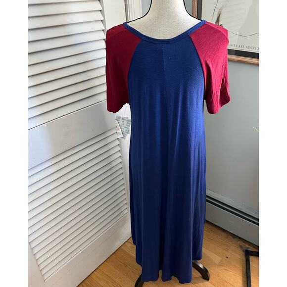 LULAROE Womens Dress Small Blue Red Carly Color Block Jersey Knit Casual Midi - Picture 5 of 11